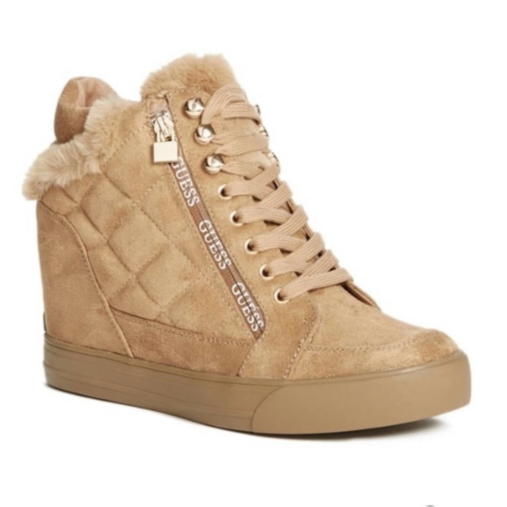 GUESS Women's Tan Fur-Trimmed Wedge Sneakers